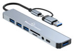 POWERTECH USB hub PTR-0151 με card reader, 8 θυρών, USB & USB-C, γκρι - Image 2
