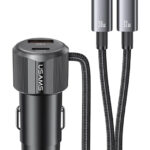 USAMS φορτιστής αυτοκινήτου CC287 με 2 σε 1 καλώδιο, USB/USB-C θύρες, 66W, μαύρος