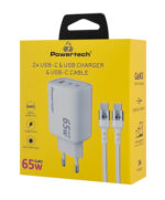 POWERTECH φορτιστής τοίχου PT-1415 με καλώδιο, USB/2x USB-C, 65W, GaN, λευκός - Image 2