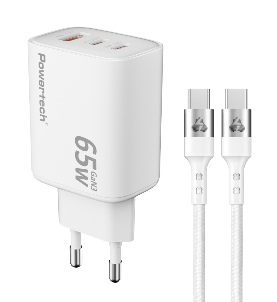PT-1415 POWERTECH φορτιστής τοίχου PT-1415 με καλώδιο, USB/2x USB-C, 65W, GaN, λευκός - Image 1
