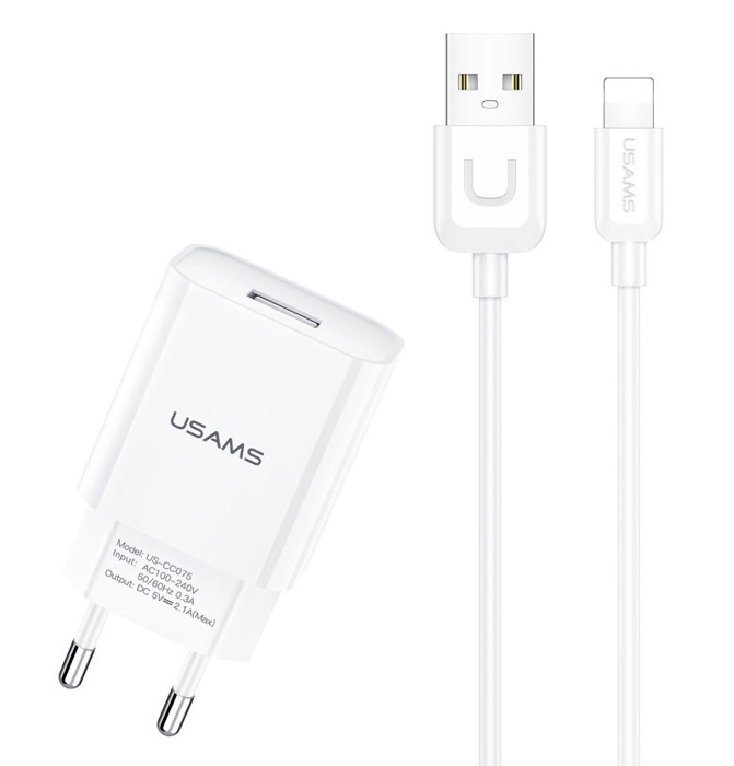 T21OCLN01 USAMS φορτιστής τοίχου T21OCLN01 με καλώδιο Lightning, USB 2.1A, λευκός - Image 1