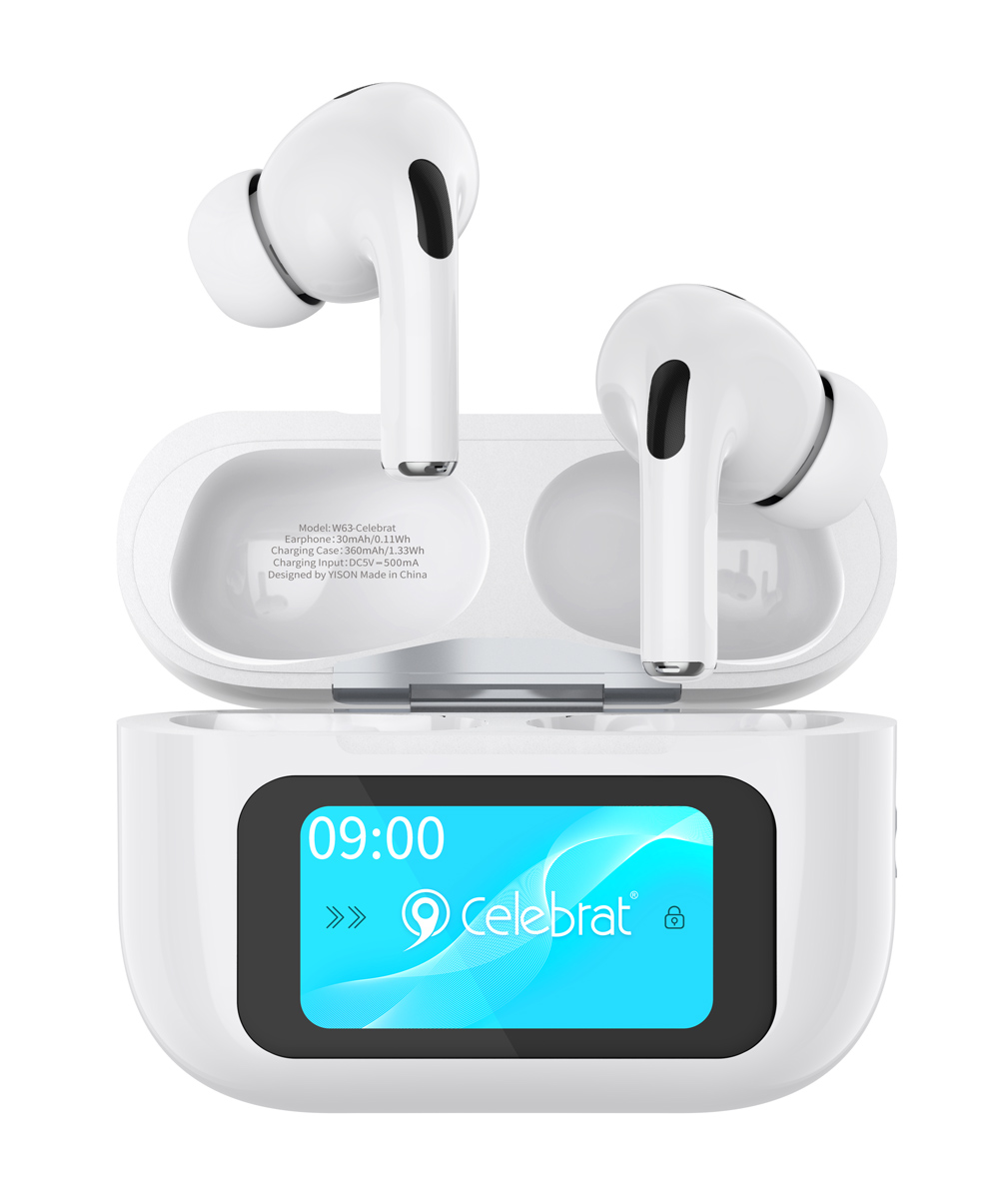 W63 CELEBRAT earphones με θήκη φόρτισης W63, οθόνη αφής, TWS, ANC, 13mm, 30/360mAh, λευκό - Image 1