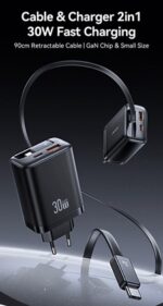 USAMS φορτιστής τοίχου CC296 με καλώδιο, USB & USB-C, 30W, μαύρος - Image 2
