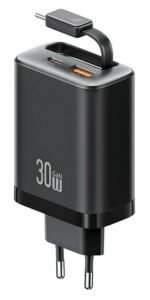 USAMS φορτιστής τοίχου CC296 με καλώδιο, USB & USB-C, 30W, μαύρος