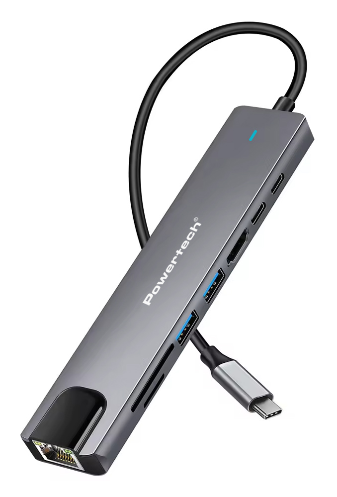 PT-1537 POWERTECH docking station PT-1537, 8 θυρών, USB-C σύνδεση, 100W PD, 1000Mbps, γκρι - Image 1