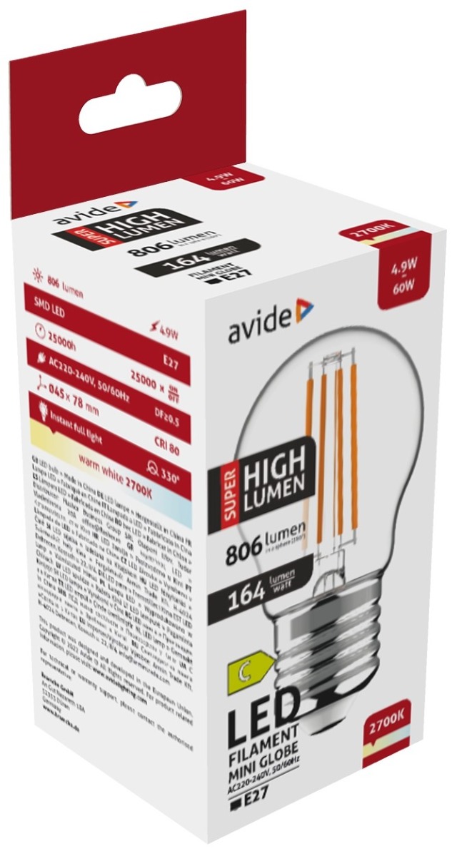 ablfmg27ww-49w-shl_avide-led-filament-mini-globe-49w-e27-ww-2700k-super-high-lumen Avide LED Filament Σφαιρική 4.9W E27 Θερμό 2700K Super Υψηλής Φωτεινότητας - Image 1