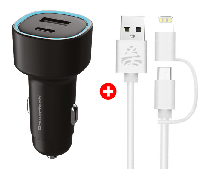 BNDL-0207 POWERTECH φορτιστής αυτοκινήτου με καλώδιο MFi USB σε micro USB/Lightning BNDL-0207, USB & USB-C, 85W, μαύρο/λευκό - Image 1