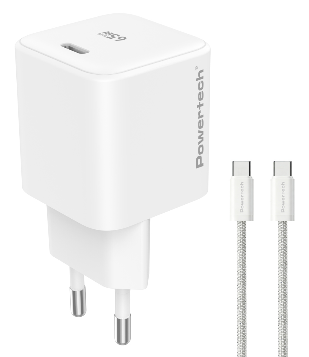 PT-1577 POWERTECH φορτιστής τοίχου PT-1577 με καλώδιο, USB-C, 65W, GaN, AVS, λευκός - Image 1